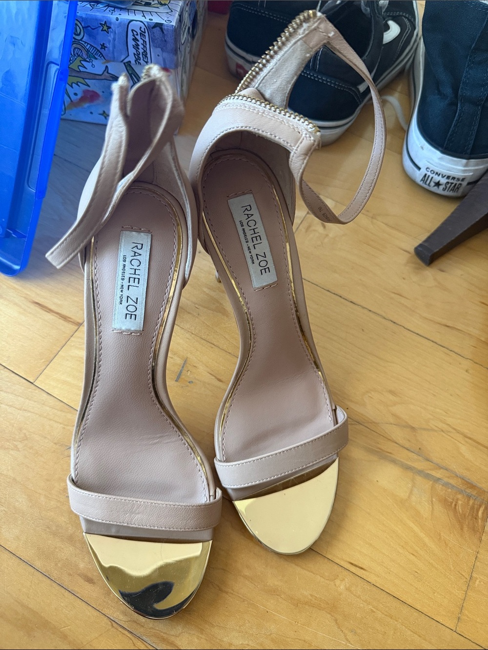 Rachel Zoe Blush Nude Ankle-Strap Heels with Gold Toe Plate